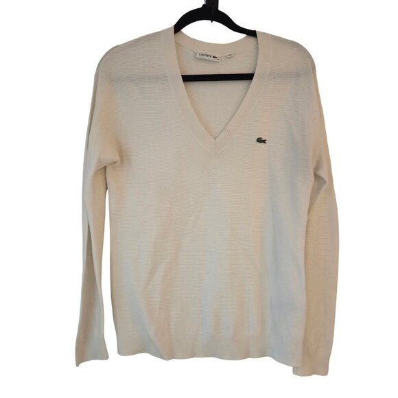 Lacoste Sweaters - Lacoste Women's V-Neck Ribbed Cream Lightweight Sweater Shirt Oversize S (34)